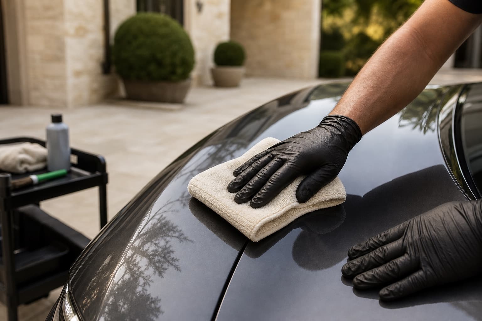 Detailer carefully finishing a dark vehicle with a clean microfiber towel