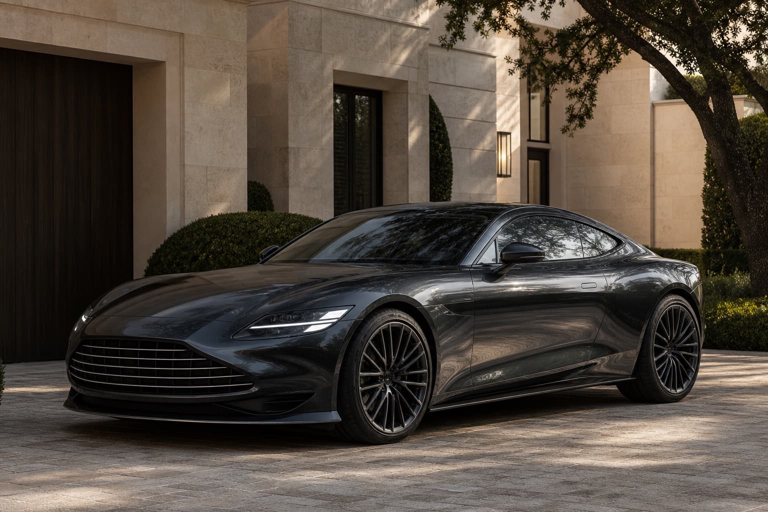 Freshly detailed graphite grand tourer in a Park Cities residential driveway